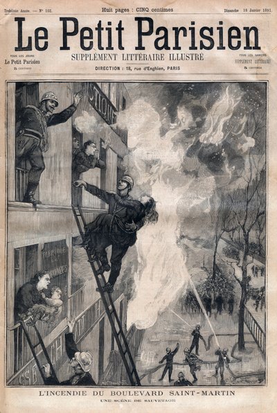 Pariisin palomies: pelastuspaikka Boulevard Saint-Martinin tulipalossa. Kaiverrus "" Le petit Parisien"" vuodelta 1891. Yksityinen kokoelma. tekijältä Anonymous Anonymous