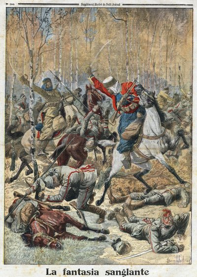 Ensimmäinen maailmansota 1914-1918 (14-18): "Verinen fantasia". Metsässä kolmenkymmenen uhlanin (saksalainen ratsumies keihäs) joukko taisteli kahdeksan voittoisaa algerialaista spahia vastaan. Kaiverrus "" Le Petite Journalissa" 28.11.1915. Yksityinen kok tekijältä Anonymous Anonymous