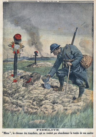 Ensimmäinen maailmansota 1914-1918 (sota 14-18). Koira, joka kieltäytyy hylkäämästä kuolleen isäntänsä hautaa. "" Le Petite Journal" -lehdessä, 10.9.1916. Yksityinen kokoelma tekijältä Anonymous Anonymous