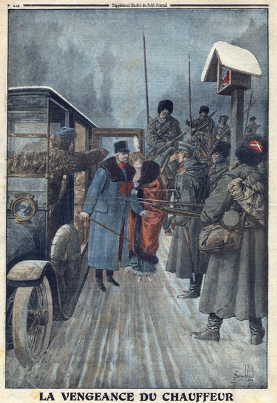 Ensimmäinen maailmansota 1914-1918 (sota 14-18). Itävaltalainen kenraali Skarbonovich joutuu vangiksi venäläiselle leirille, kun kuljettaja halusi kostaa hänen pahoinpitelynsä. "" Le Petite Journal" -lehdessä, 20.2.1916. Yksityinen kokoelma tekijältä Anonymous Anonymous