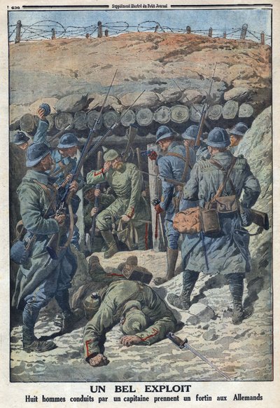 Ensimmäinen maailmansota 1914-1918 (sota 14-18). Kahdeksan ranskalaisen armeijan sotilasta kapteenin johdolla otti linnoituksen saksalaisilta. "" Le Petité Journalissa", 3.9.1916. Yksityinen kokoelma tekijältä Anonymous Anonymous