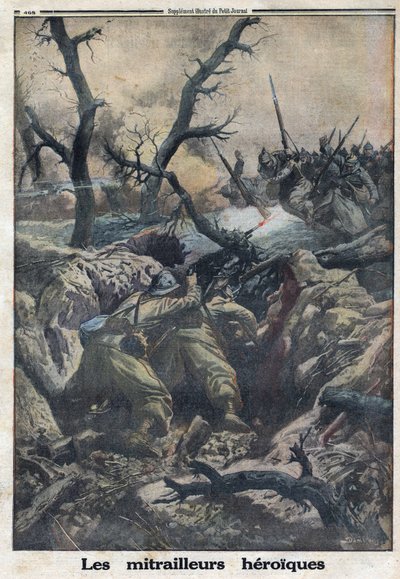Ensimmäinen maailmansota 1914-1918 (sota 14-18). Ranskalaiset konekiväärit ampuivat Saksan armeijan hyökkäystä vastaan. "" Le Petite Journal" -lehdessä, 9.4.1916. Yksityinen kokoelma tekijältä Anonymous Anonymous