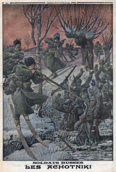 Ensimmäinen maailmansota 1914-1918 (sota 14-18). Venäläissotilaat Ahotniki suksilla ampuvat saksalaisia sotilaita. "" Le Petite Journal" -lehdessä, 23.1.1916. Yksityinen kokoelma tekijältä Anonymous Anonymous