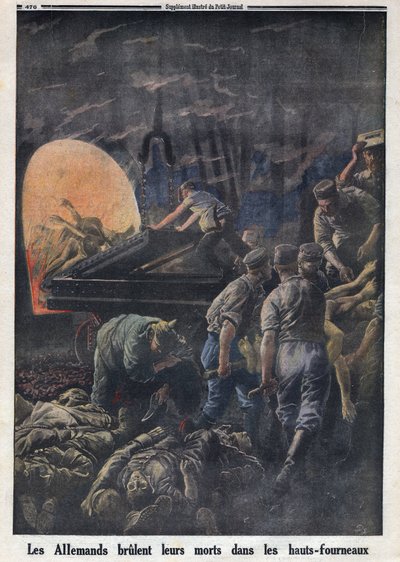 Ensimmäinen maailmansota 1914-1918 (sota 14-18). Saksalaiset polttavat kuolleita sotilaita uuneissa. "" Le Petite Journal" -lehdessä, 23.4.1916. Yksityinen kokoelma tekijältä Anonymous Anonymous