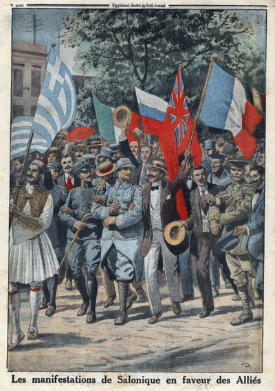 Ensimmäinen maailmansota 1914-1918 (sota 14-18). Mielenosoitukset Salonikissa (tai Thessalonikissa Kreikassa) liittolaisten puolesta. "" Le Petite Journal" -lehdessä, 24.9.1916. Yksityinen kokoelma tekijältä Anonymous Anonymous