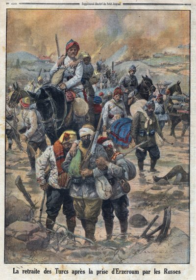 Ensimmäinen maailmansota 1914-1918 (sota 14-18). Turkkilaisten vetäytyminen sen jälkeen, kun venäläiset valtasivat Erzerumin. "" Le Petite Journal" -lehdessä, 27.2.1916. Yksityinen kokoelma tekijältä Anonymous Anonymous
