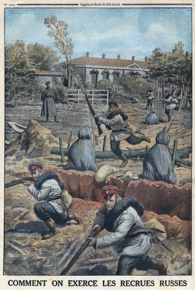 Ensimmäinen maailmansota 1914-1918 (sota 14-18). Venäjän armeijan värväämien nuorten sotilaiden koulutus. "" Le Petite Journal" -lehdessä, 30.4.1916. Yksityinen kokoelma tekijältä Anonymous Anonymous