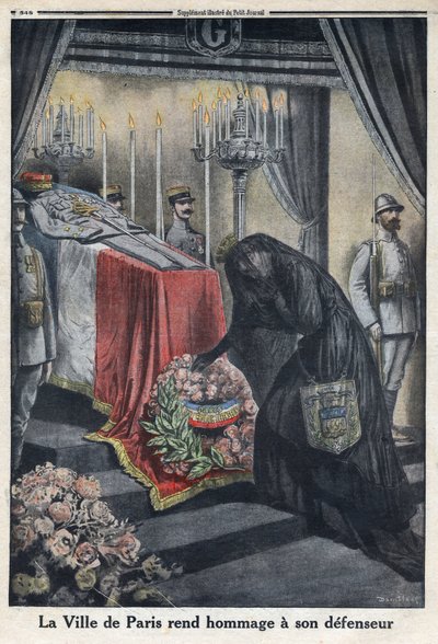 Ensimmäinen maailmansota 1914-1918 (sota 14-18). Pariisin kaupungin kunnianosoitus kenraali Joseph Simon Gallienille (1849-1916), joka puolusti kaupunkia. "" Le Petite Journal" -lehdessä, 18.6.1916. Yksityinen kokoelma tekijältä Anonymous Anonymous