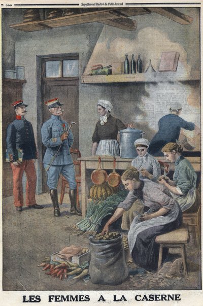 Ensimmäinen maailmansota 1914-1918 (sota 14-18). Naiset valmistamassa ruokaa kasarmin keittiössä. Kolme kokkia perunakorveessa, kuori perunat. "" Le Petite Journal" -lehdessä, 7.5.1916. Yksityinen kokoelma tekijältä Anonymous Anonymous