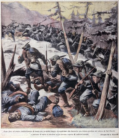 Ensimmäinen maailmansota: "" italialaiset alppimetsästäjät (alpino tai alpini) ottavat takaisin Pal Piccolon, Italian alpit"" 1916 Kuvitus "La domenica del corrieresta"" tekijältä Anonymous Anonymous