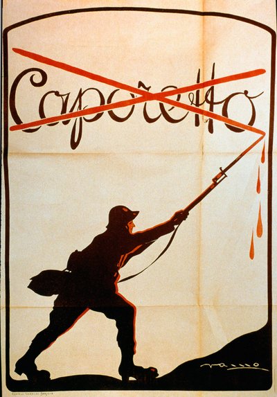 Ensimmäinen maailmansota: juliste, joka julkaistiin Caporetton (tai Karfreitin taistelun) tappion johdosta lokakuun lopussa 1917, ja se edustaa italialaisen armeijan sotilasta, joka riisui nimen "Caporetto" baonettinsa kärjestä. Illustrator ei tunnistettu tekijältä Anonymous Anonymous