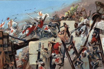 Ensimmäinen ristiretki (1096-1099): Jerusalemin valloitus Bouillonin Godefroyn (Godefroi) (1061-1100) johtamien croissien toimesta 15. heinäkuuta 1099. Antoine-suklaatin mainoskromolitografia Brysselissä, 1900-luvun alussa. Yksityinen kokoelma tekijältä Anonymous Anonymous