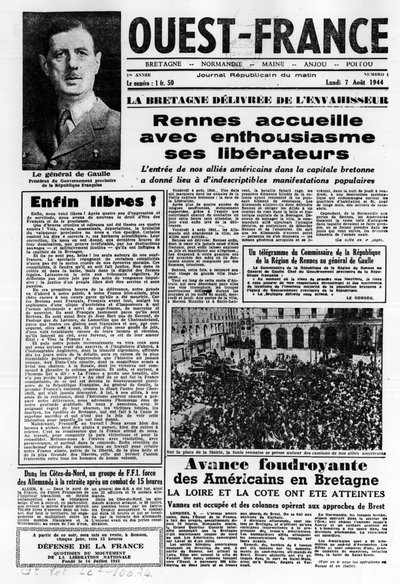 Länsi-Ranskan ensimmäinen numero 7. elokuuta 1944: La La La La Liberation Länsi-Ranskassa ja kenraali de Gaulle - valokuvaus, B.N. tekijältä Anonymous Anonymous