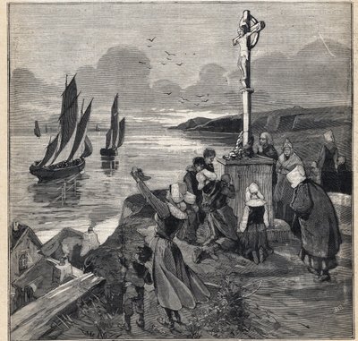 Kalastus Islannissa: kalastajat lähtevät Bretagnen. Kaiverrus kirjassa "" Le Petit Parisien"" 12.3.1893. tekijältä Anonymous Anonymous