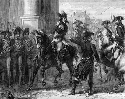 Francois Hanriot (1761-1794), ranskalainen vallankumouksellinen konventin ovella (9 thermidor 1794) - Kaiverrus Alphonse de Lamartinen (1790-1869) "Histoire des Girondins" -kirjaan 1865-1866 - Yksityinen kokoelma tekijältä Anonymous Anonymous