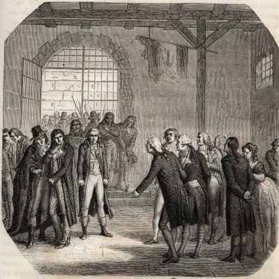 Ranskan vallankumous - Hebertistit - Les Hebertistes à la Concierge Pariisissa 23. maaliskuuta 1794 - - Kaiverrus "Histoire des Girondins" Alphonse de Lamartinen (1790-1869) 1865-1866 - Yksityinen kokoelma tekijältä Anonymous Anonymous