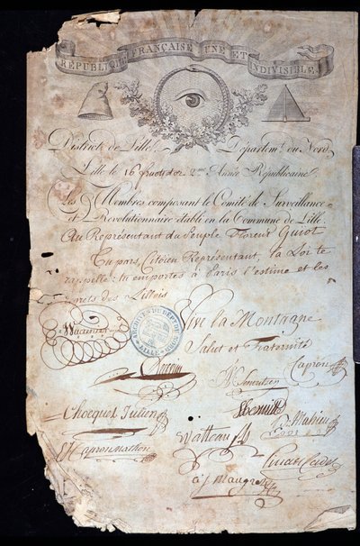 Revolució Francesa: certificat de ciutadania de Guiot de Saint-Florent (Sant Florent) dit Florent-Guiot (o Florent-Guyot) (1735-1834), revolucionari i representant del poble, pel Comitè Revolucionari de Lille de 16 anys II (02/09/1 finès tekijältä Anonymous Anonymous