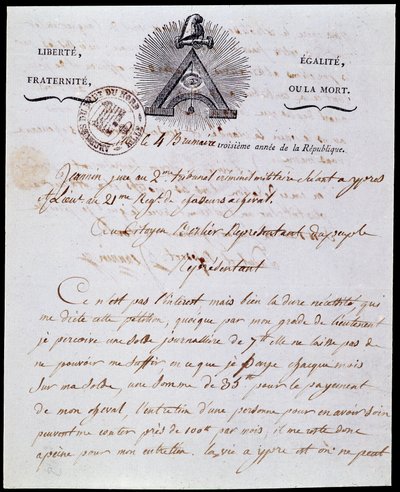 Ranskan vallankumous: armeijan hallinnollisen kirjeen ensimmäinen sivu ja otsikko 4 sumu vuosi III (25/10/1794), päivätty 18. Frimaire vuosi III (08/12/1794), jossa tasavaltalainen merkintä "Liberte Egalite, Fraternite ou la Mort" ja symbolit Franco-Maconn tekijältä Anonymous Anonymous
