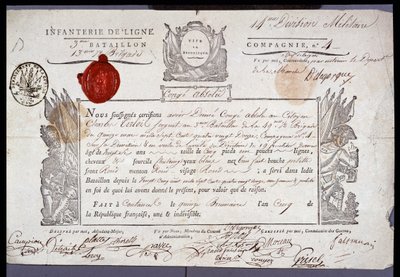 Ranskan vallankumous: Coutancesin piirikunnan kersantin virallinen asiakirja, joka on päivätty 15. Brumairen vuosi V (05/11/1796). Nord Lillen osastoarkisto tekijältä Anonymous Anonymous