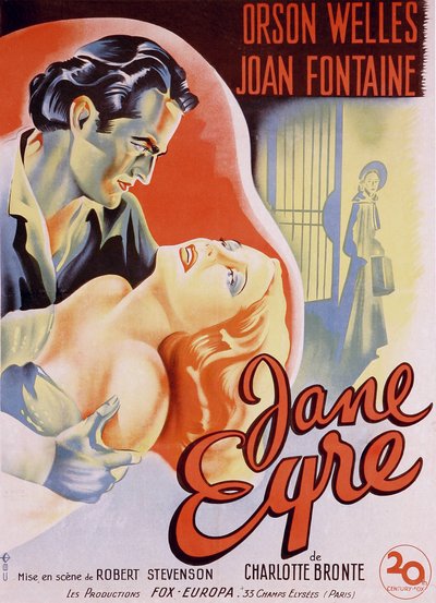 Ranskalainen elokuvajuliste elokuvalle Jane Eyre, jonka on kirjoittanut Charlotte Bronte ja ohjannut Robert Stevenson vuonna 1944, näyttelijät Orson Welles (Edward Rochester) ja Joan Fontaine (Jane). Yksityinen kokoelma. tekijältä Anonymous Anonymous