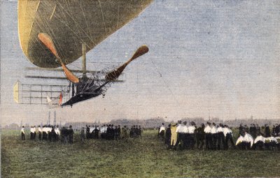 Compiegnesta Lontooseen ilmalaivalla: Bayard-Clementin (Bayard Clement) laskeutuminen Wormwood Scrubbsiin. Kaiverrus. Yksi sanomalehdestä "" Le petit parisien"" 30.10.1910. Yksityinen kokoelma. tekijältä Anonymous Anonymous
