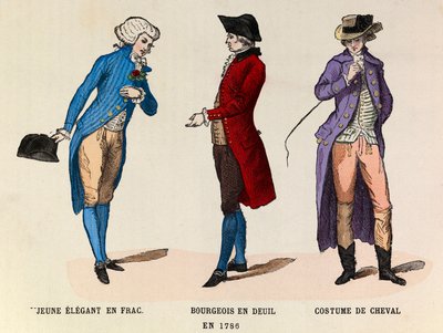 Vasemmalta oikealle: Nuori tyylikäs frac; Porvari surussa ja hevospuku vuonna 1786 - yksityinen kokoelma tekijältä Anonymous Anonymous