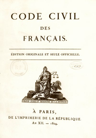 Napoleon Bonaparten 21.3.1804 julkaiseman "Code civil des francais" -kirjan kahdestatoista alkuperäisen painoksen etukuva. Ranskan kansalaisoikeuslaki. B.N. Pariisi tekijältä Anonymous Anonymous