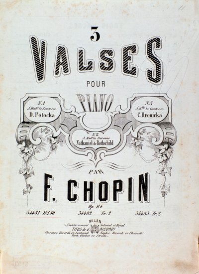 Frederic Chopinin (1810-1849) 1800-luvun yksityiskokoelma kappaleen "3 valssia pianolle" partituurin etukuva tekijältä Anonymous Anonymous