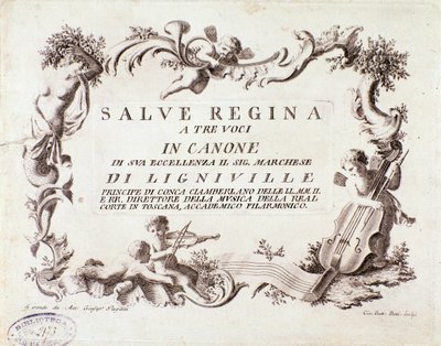 Lignevillen markiisi (1768) Salve regina -laulun kolmiäänisen partituurin etukappale tekijältä Anonymous Anonymous