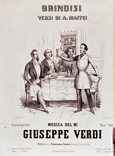Giuseppe Verdin Brindisi-musiikkipartituurin etukappale Andrea Maffein runouden jälkeen tekijältä Anonymous Anonymous