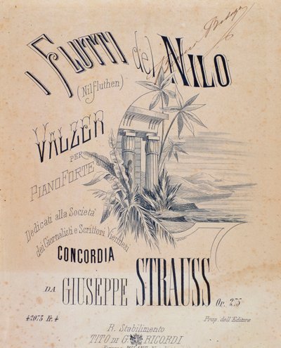 Josef Straussin Nile Watersin pianolle tarkoitettujen valssien nuotioiden etukappale tekijältä Anonymous Anonymous