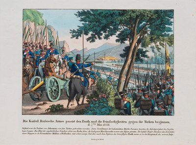 Guerre russo-turque de 1828-1829 - Venäjän armeija ylittää Pruth-joen Moldaviaan toukokuussa 1828 par Anonymous, n. 1830 - Etsaus, akvarelli tekijältä Anonymous Anonymous