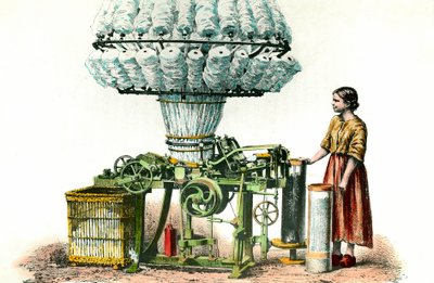 Habner-kampa käytettiin villan kehräämiseen. 1800-luvun kaiverrus yksityinen kokoelma. tekijältä Anonymous Anonymous