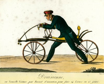 Pyörän historia: draisienne, erittäin suosittu uusi auto noin 1818. Kaiverrus vuodelta 1818. Yksityinen kokoelma tekijältä Anonymous Anonymous