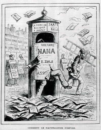 Miten naturalismi pakotetaan: satiirinen piirros Emile Zolan kirjasta "Nana" liittyvästä naturalistiromaanista. Kaiverrus 1800-luvulta. Yksityinen kokoelma. tekijältä Anonymous Anonymous