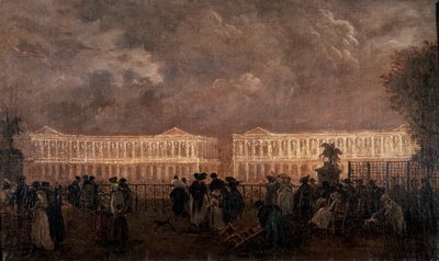 Place Louis XV (nykyisin Place de la Concorde) valaistus Pariisissa vuonna 1782 Vasemmalla nykyinen Hotel Crillon ja oikealla Hotel de la Marine (Hotel du Garde Meuble). Anonyymi maalaus tekijältä Anonymous Anonymous