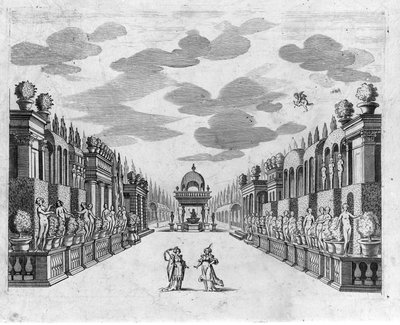 Kuvitus oopperan II näytöksen 4 kohtaukselle 5 näytöksessä "" Bellerofonte" - Francesco Sacrati. Sisustus Jacopo Torelli tekijältä Anonymous Anonymous