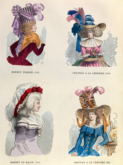 Vuonna 1787 turbaanihattu; aamu hattu; Kiinalainen hattu ja hammaskivihattu - yksityinen kokoelma tekijältä Anonymous Anonymous