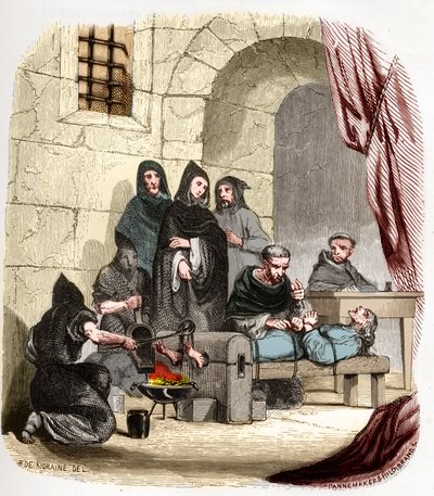 Inkvisitio Espanjassa 1400-luvulla: espanjalainen inkvisiittori (1441/1442-1485) arbueslaisen (1441/1442-1485) Pietari (Pedro), jota syytetään juutalaisuudesta, kiduttaa Burgundin Mariaa (1457-1482): hän polttaa jalkojaan . Kuvitus "" Mysteres of the Inqui tekijältä Anonymous Anonymous