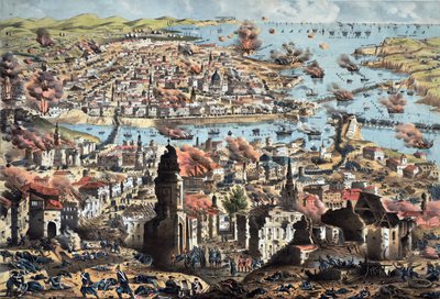 Sevastopolin (Sebastopol) sisustus, venäläisten tuhoaminen, heidän vetäytyminen - Tuntematon tykistöupseeri - 1855 - Värilitografia - 51,3x68,4 - Yksityiskokoelma tekijältä Anonymous Anonymous