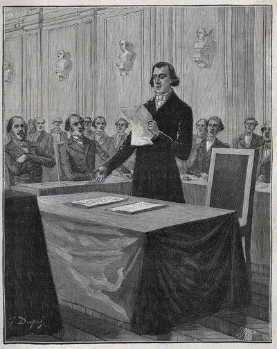 Jean Baptiste (Jean-Baptiste) Andre Dumas (1800-1884) ranskalainen kemisti esitteli tiedeakatemialle raporttinsa Ruolzin ja Elkingtonin keksinnöstä. Kaiverrus vuodelta 1885 kirjassa "Les arts et metiers illustres", kirjoittanut Adolphe BITARD. tekijältä Anonymous Anonymous