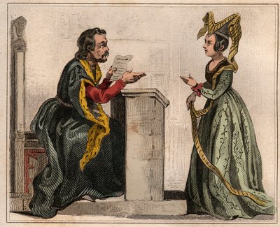 Jehan Pastoret (1328-1405), Pariisin parlamentin presidentti Kaarle V:n hallinnon aikana jalo naisen kanssa liripionissa. Kaiverrus vuodelta 1859 Le Mondessa. Kaikkien kansojen historia kaukaisimmista ajoista nykypäivään." Kirjailija: M. E. de Lostal tekijältä Anonymous Anonymous