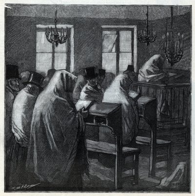 Juutalaiset juhlat: fideles rukouksen aikana oratoriossa lomien aikana. Kaiverrus "Le monde illustree"" vuodelta 1892. Yksityinen kokoelma. tekijältä Anonymous Anonymous
