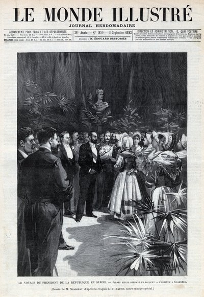 Sadi Carnotin (1837-1894) matka Savojaan: Tasavallan presidentti toivottaa Chamberyyn tervetulleeksi nuoret tytöt tarjoamalla hänelle kukkakimpun. Sanomalehti. Kaiverrus "Le monde illustree" -kirjaan vuodelta 1892. Yksityinen kokoelma. tekijältä Anonymous Anonymous
