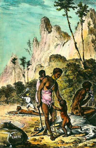 Matka Ile de Francelle (nykyinen Mauritius): orjien työ. Valkoinen hyväksikäytön mestari ruoskii maassa makaavaa orjaa. Nainen käyttää kaulakorua jalkansa kanssa. Kaiverrus 1700-luvulta. Yksityinen kokoelma. tekijältä Anonymous Anonymous