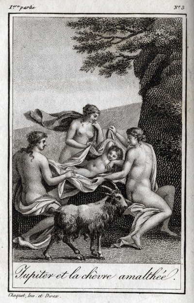 Jupiter-lapsi, jota ruokkii vuohi Amalthee. Kaiverrus vuodelta 1819 Charles Albert Demoustier