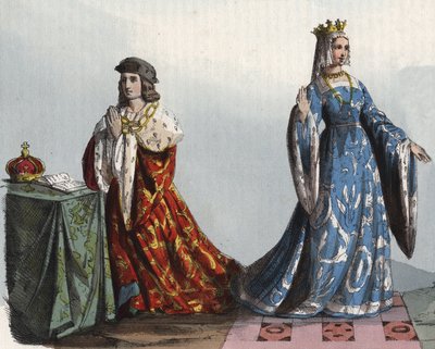 Englannin kuningas Henrik VI ja hänen kuningatar puolisonsa Margaret Anjou - Henrik VI Englannin (1421 - 1471) ja Margarita Anjoulainen (1429 - 1482) - kaiverrus kirjasta "Kaikkeuden kaikkien kansojen tavat ja tavat". Se on hallituksen, lakien, miltäjien h tekijältä Anonymous Anonymous