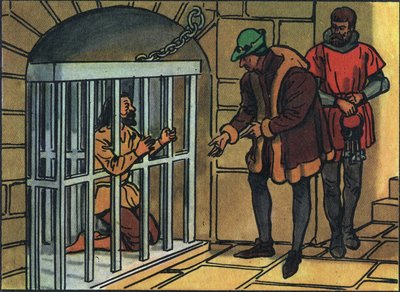Kuningas Ludvig XI vierailemassa Bastillen vankilan häkeissä. Anonyymi kuva ""Ranskan hallitsijoiden ja valtionpäämiesten kokoelma"". 20. vuosisata. Yksityinen kokoelma. tekijältä Anonymous Anonymous