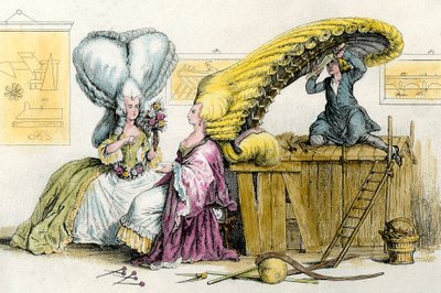 Suuret omalaatuiset kampaukset: nuoret aateliston naiset peruukin tyyliin. Kaiverrus 1788 Yksityiskokoelmasta tekijältä Anonymous Anonymous