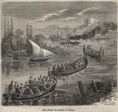 Toulonin vankila - Rhône-joelta laskeutuva ketju - Pierre Zacconen (1817-1895) kaiverrus "Vankiloiden historiasta niiden luomisesta nykypäivään" (1877) (Colonia Penale - Rangaistussiirtokunta) tekijältä Anonymous Anonymous